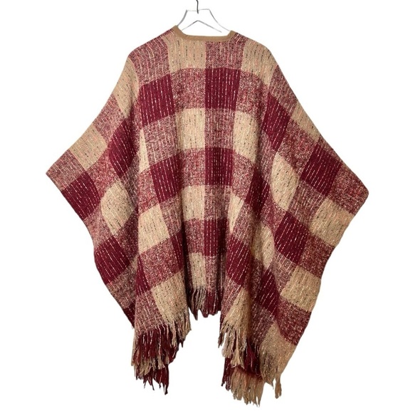 Torrid Red Tan Reversible Ruana Cozy Fall Plaid Women’s Tassel Cape One Size - Picture 9 of 12